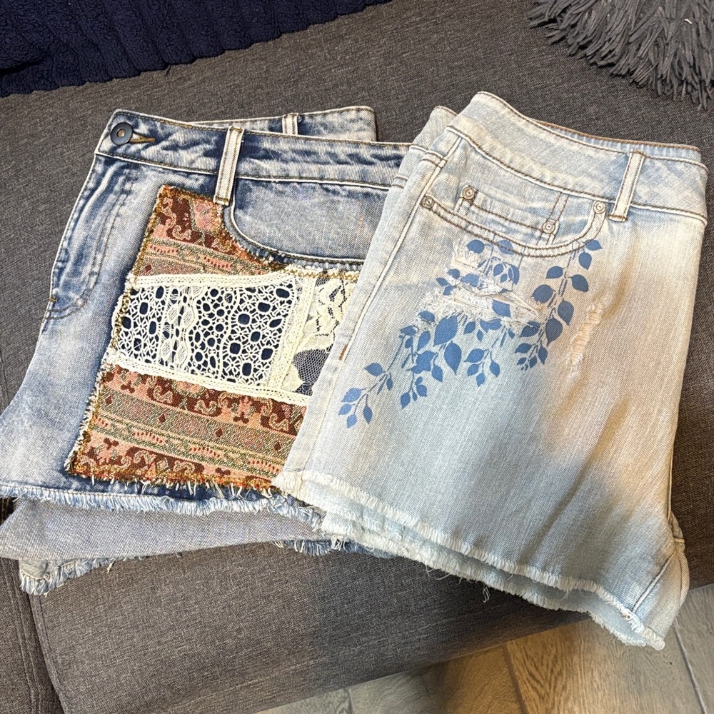 Patchwork Denim Skirt with Lace and Floral Accents